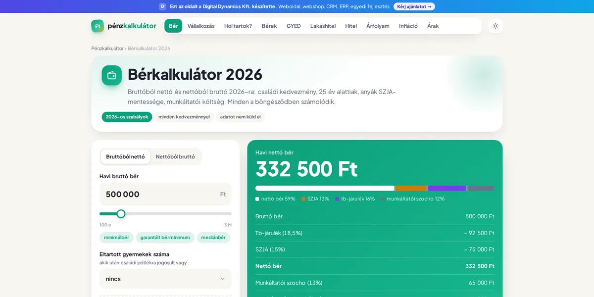 Bérkalkulátor 2026 — bruttóból nettó minden kedvezménnyel